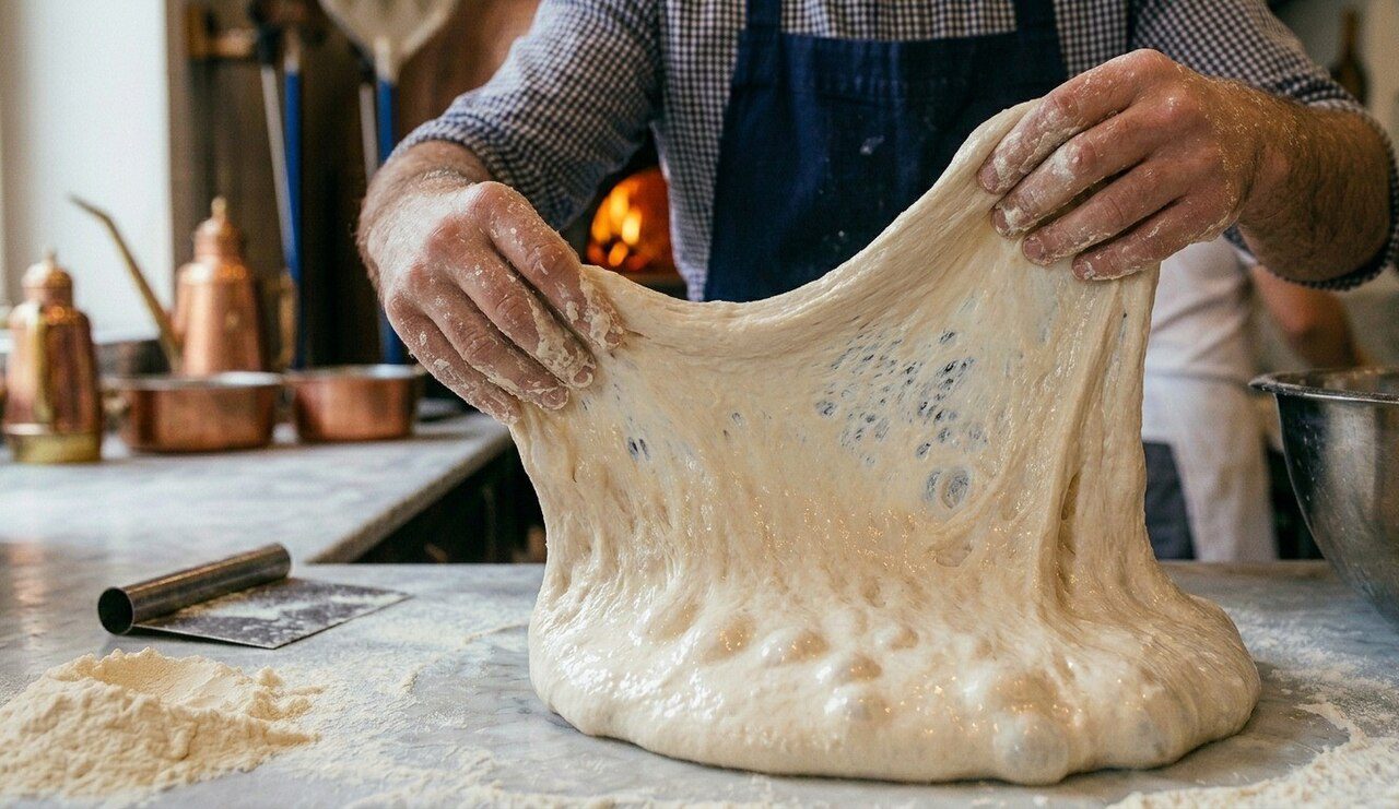 Le mani del pizzaiolo stendono l'impasto